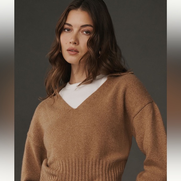 Reformation Beckie Cashmere Sweater Small Camel Collared Cropped Minimalist - Picture 2 of 5